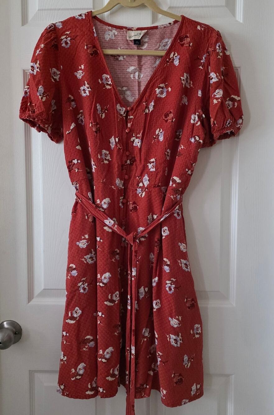 Universal Thread Puff Sleeve V-Neck Button Front Tie-Waist Floral Dress XL - Picture 1 of 8